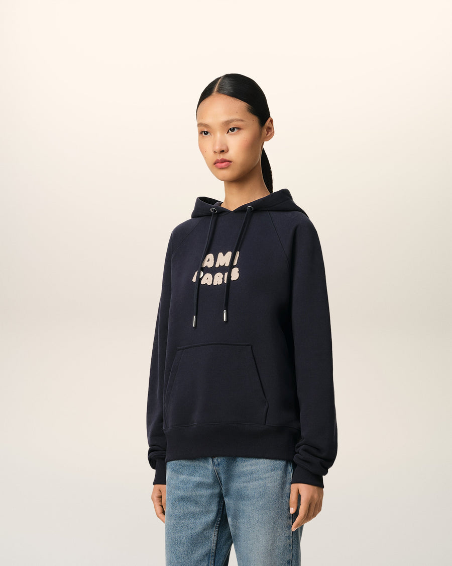 Navy Cotton Hoodie With Ami Paris Patch