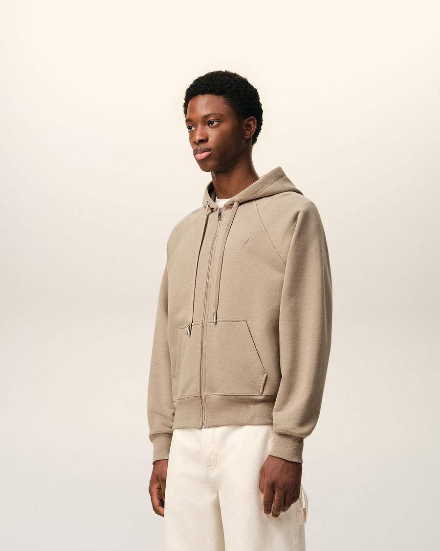 Beige Cotton Embossed Ami De Coeur Zipped Hoodie