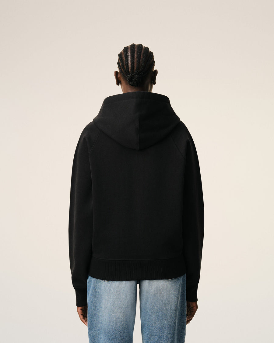 Black Cotton Embossed Ami De Coeur Zipped Hoodie
