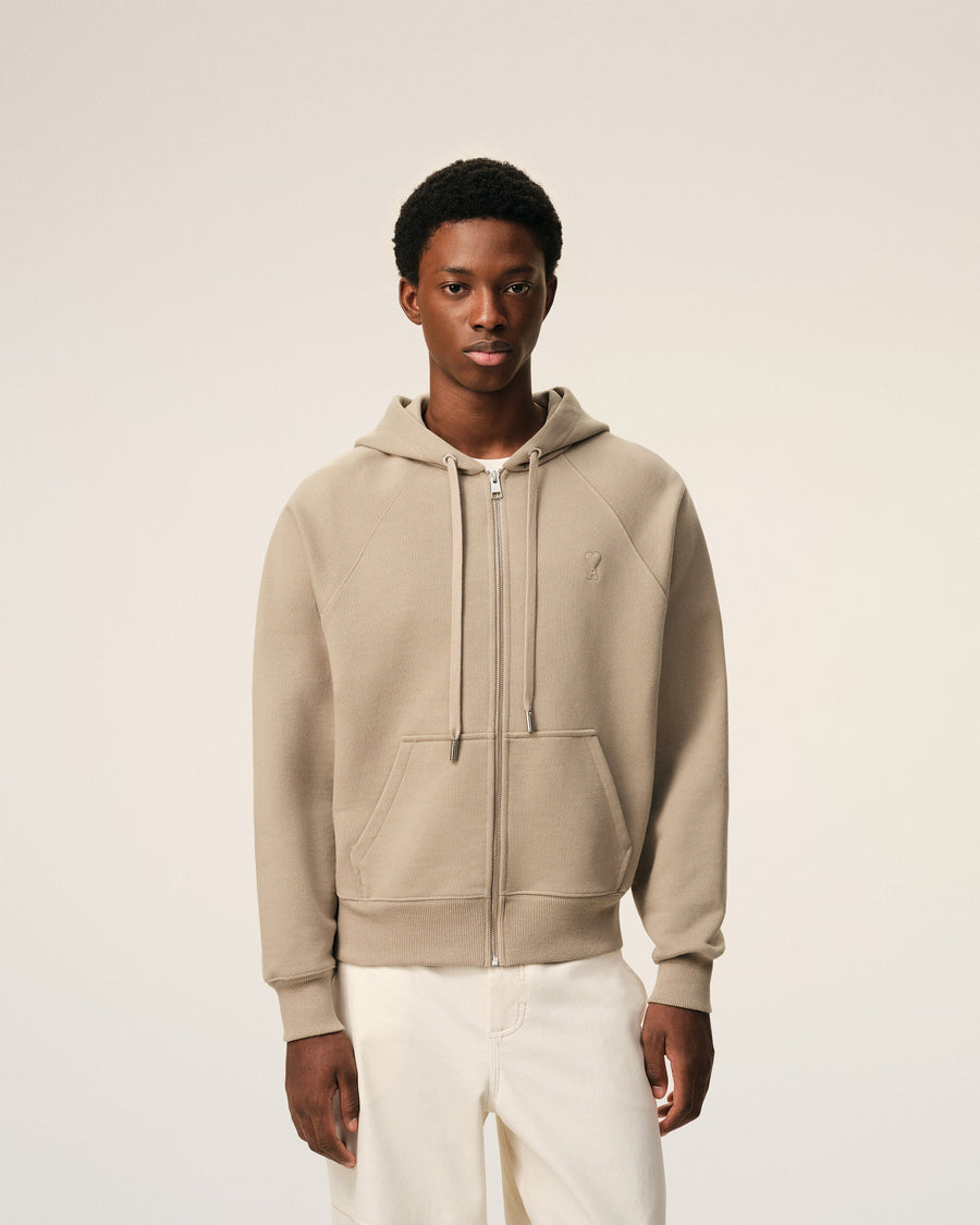 Beige Cotton Embossed Ami De Coeur Zipped Hoodie
