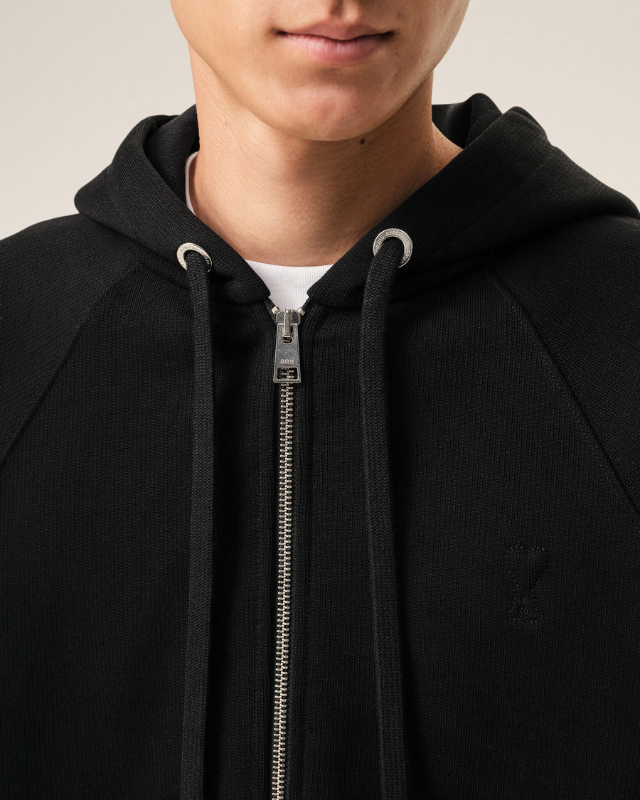 Black Cotton Embossed Ami De Coeur Zipped Hoodie