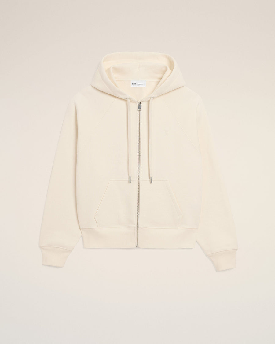 White Cotton Embossed Ami De Coeur Zipped Hoodie