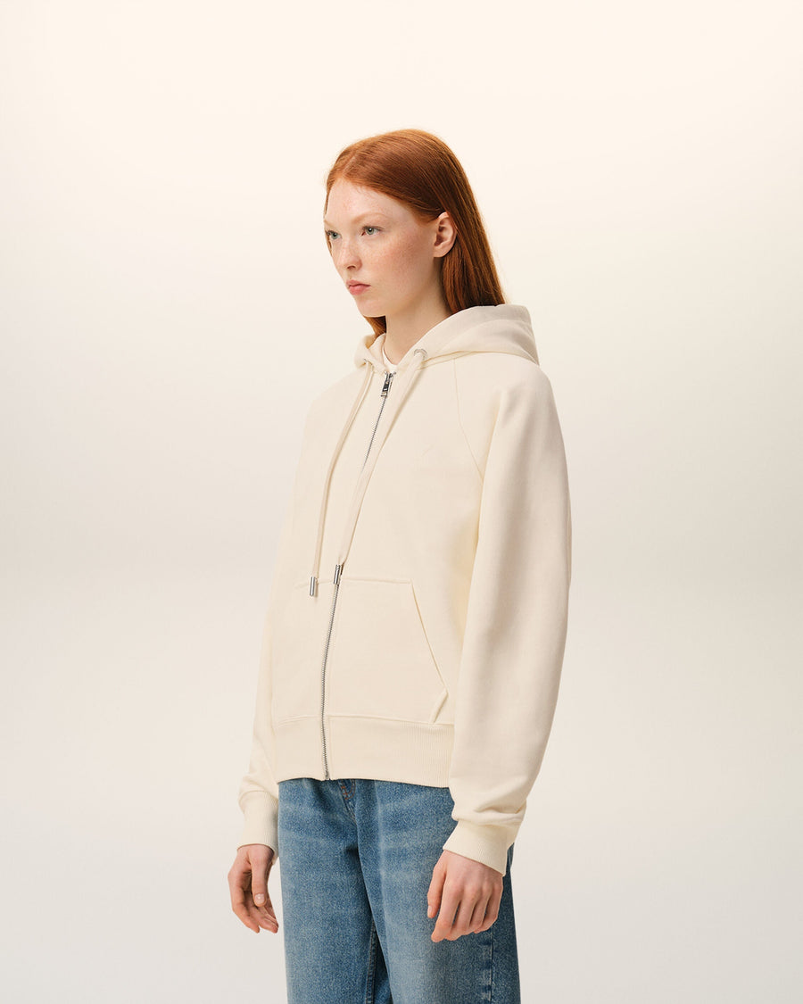White Cotton Embossed Ami De Coeur Zipped Hoodie