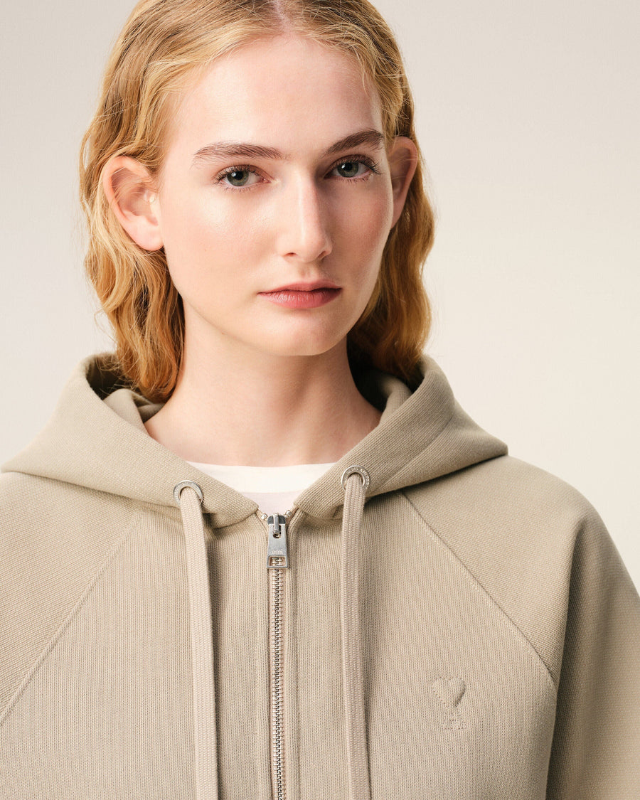Beige Cotton Embossed Ami De Coeur Zipped Hoodie