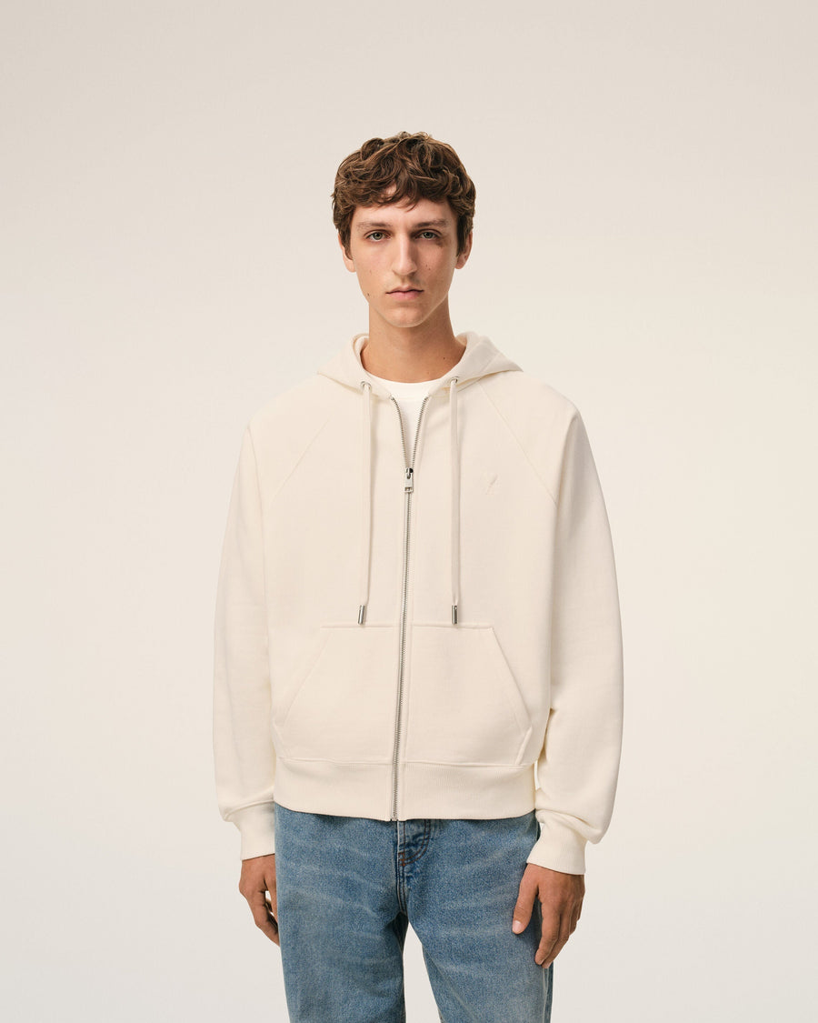 White Cotton Embossed Ami De Coeur Zipped Hoodie