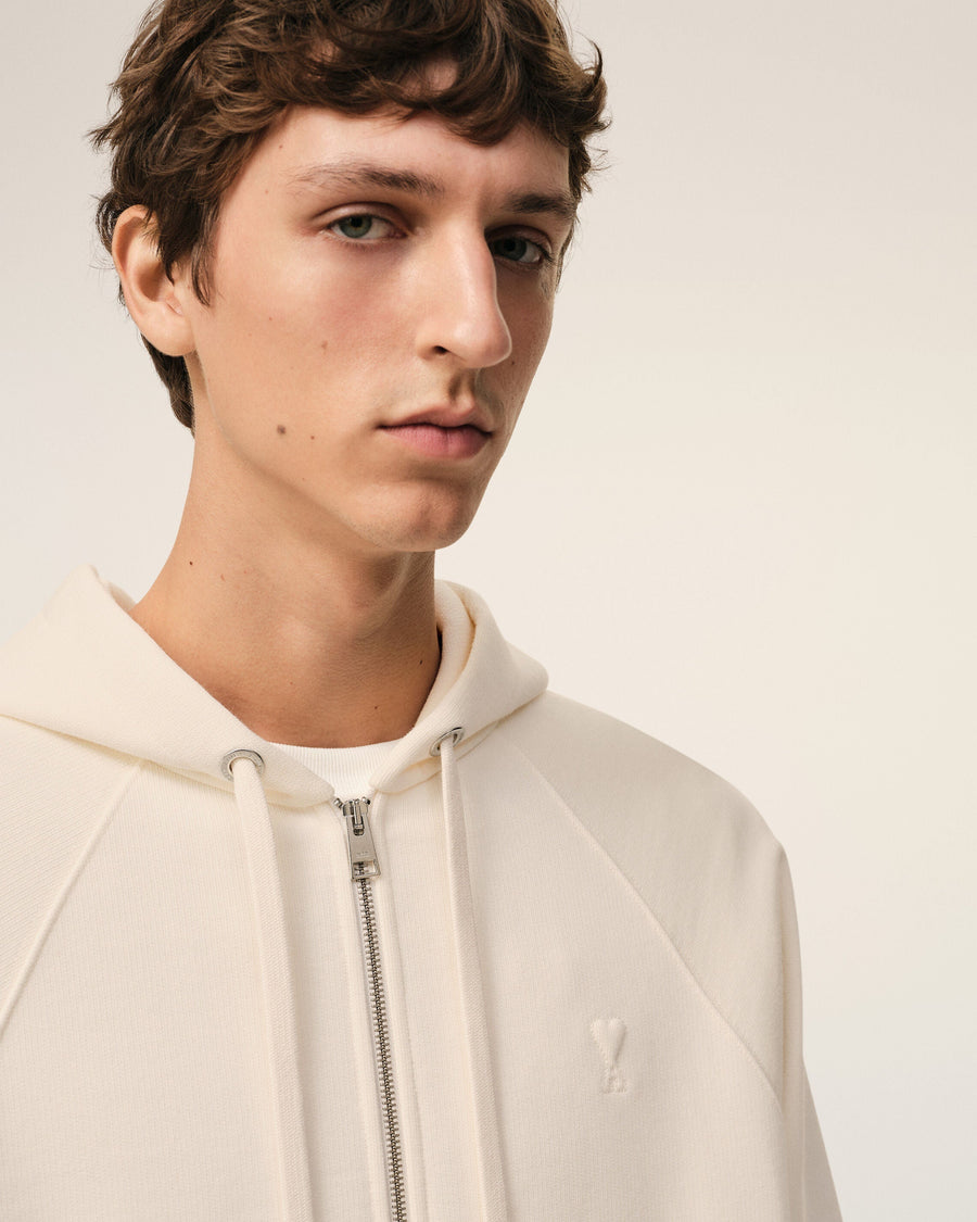 White Cotton Embossed Ami De Coeur Zipped Hoodie