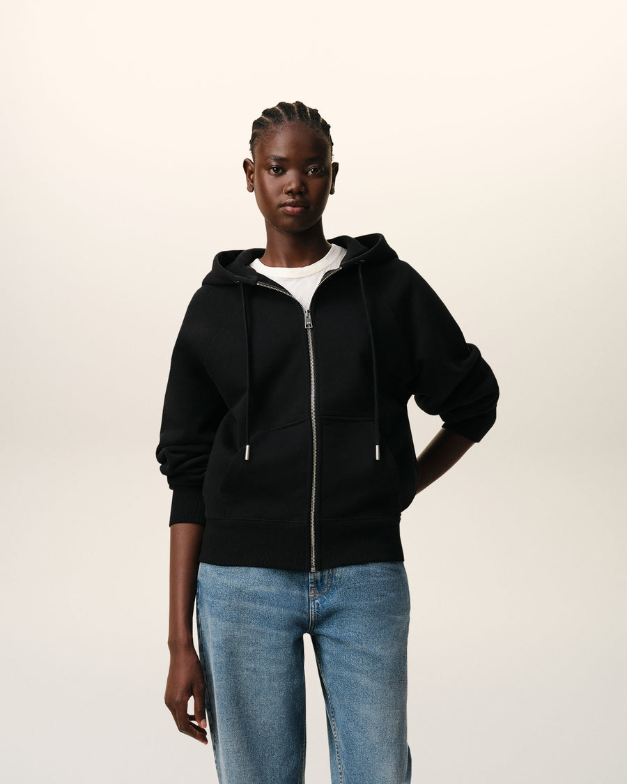 Black Cotton Embossed Ami De Coeur Zipped Hoodie