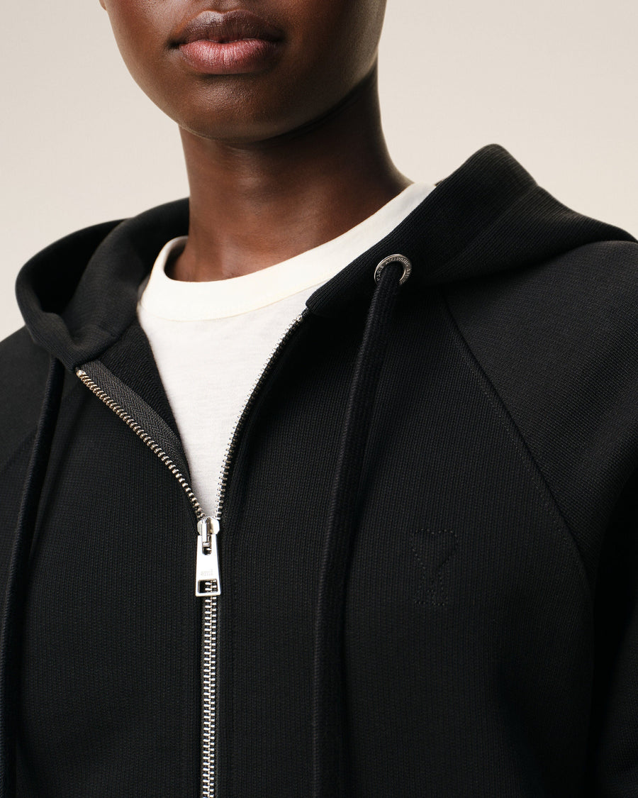 Black Cotton Embossed Ami De Coeur Zipped Hoodie