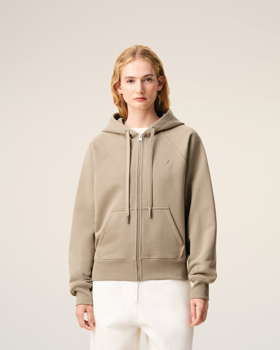 Beige Cotton Embossed Ami De Coeur Zipped Hoodie