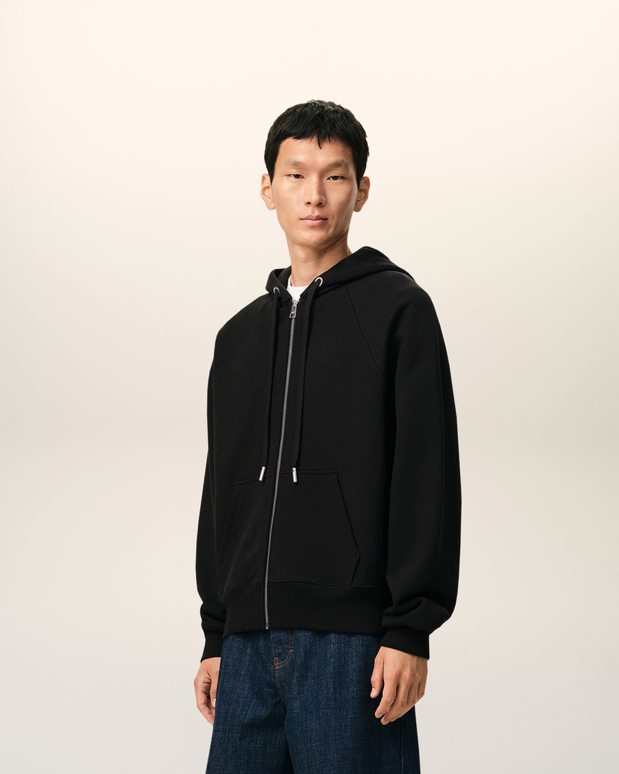 Black Cotton Embossed Ami De Coeur Zipped Hoodie