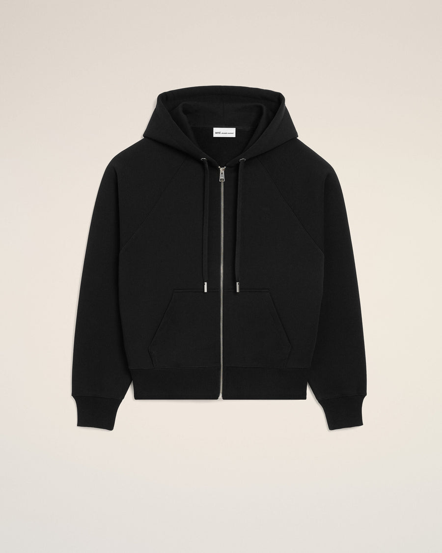 Black Cotton Embossed Ami De Coeur Zipped Hoodie