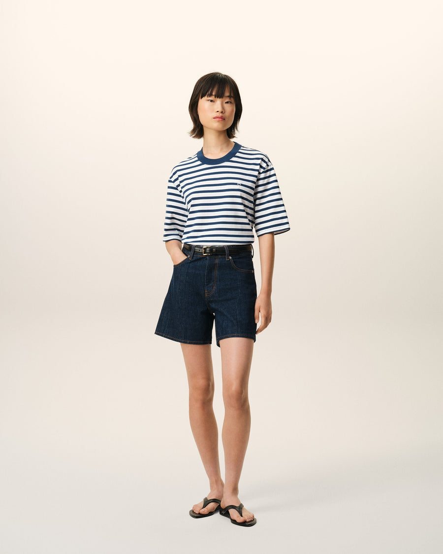 Blue Cotton Boxy Fit Mariniere Ami De Coeur T-shirt