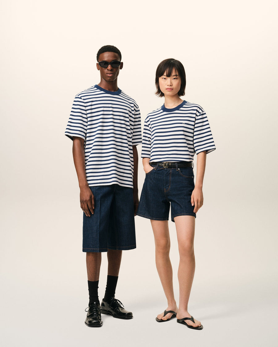 Blue Cotton Boxy Fit Mariniere Ami De Coeur T-shirt