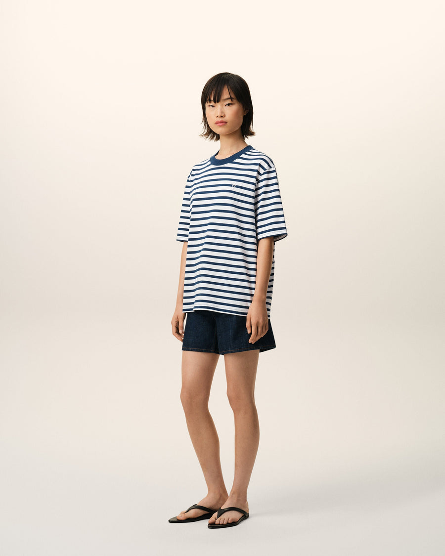 Blue Cotton Boxy Fit Mariniere Ami De Coeur T-shirt