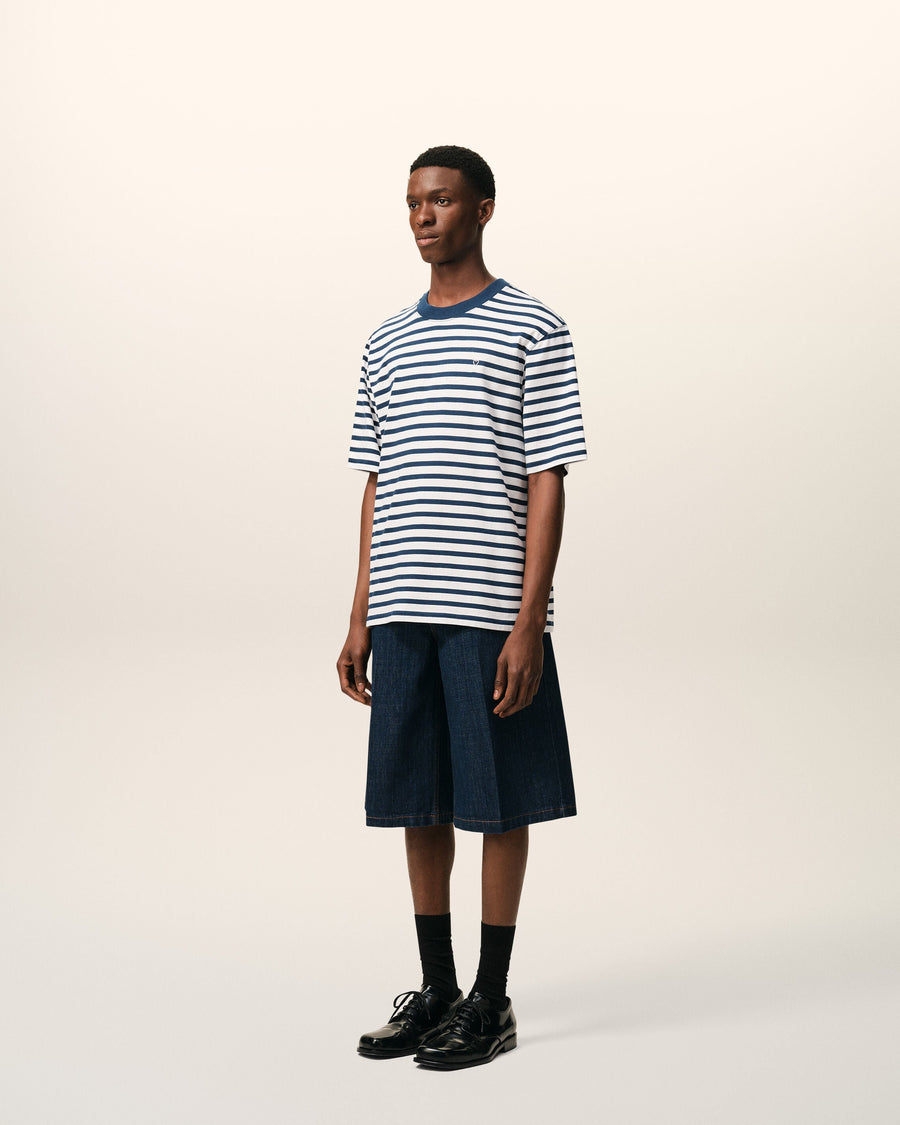 Blue Cotton Boxy Fit Mariniere Ami De Coeur T-shirt