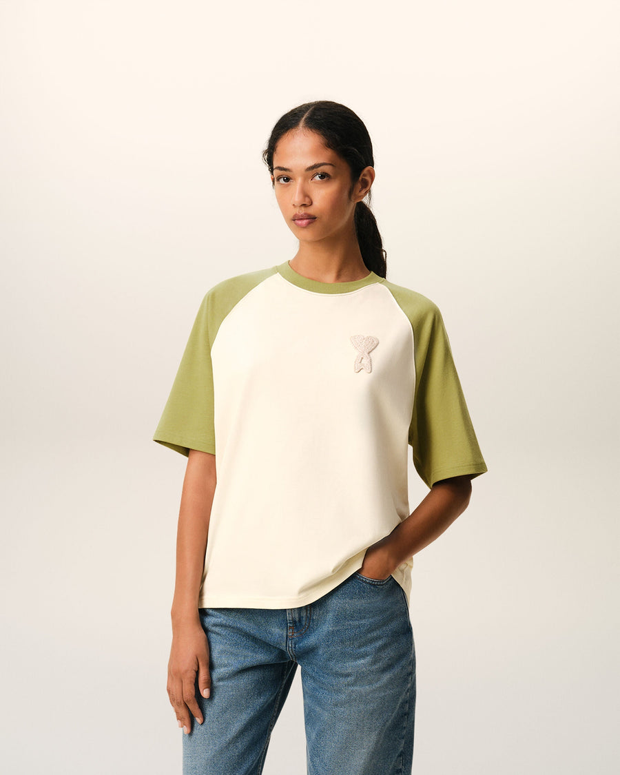 White And Green Cotton Ami De Coeur Knitted Patch T-shirt