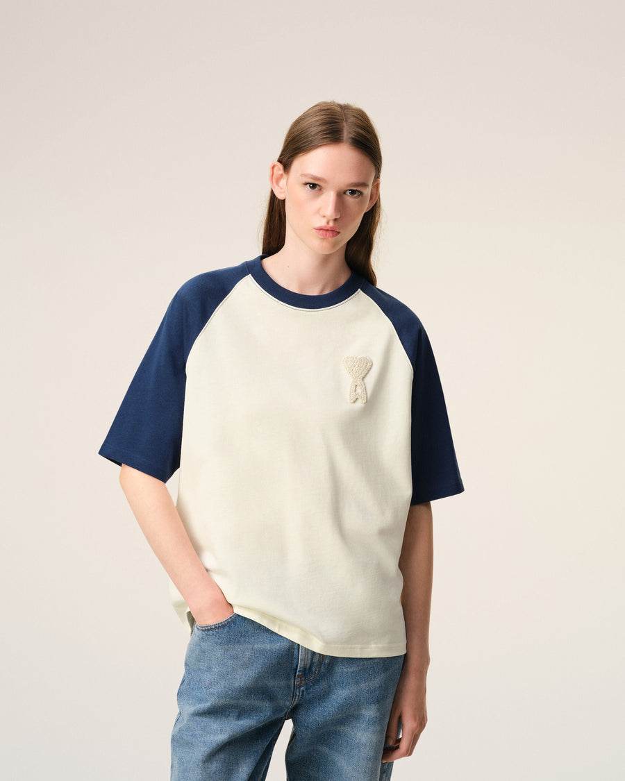 White And Blue Cotton Ami De Coeur Knitted Patch T-shirt