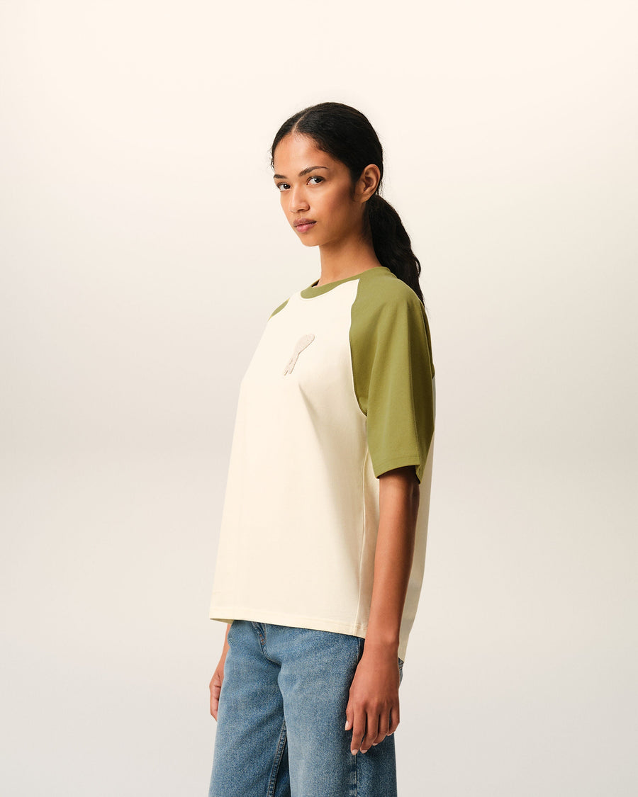 White And Green Cotton Ami De Coeur Knitted Patch T-shirt